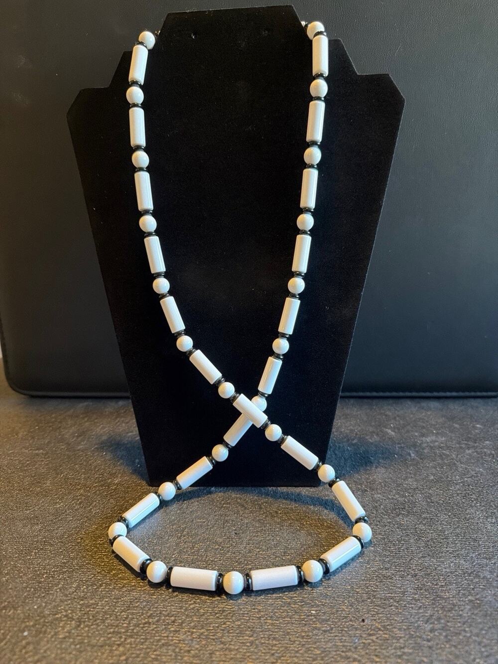 Vintage Crown Trifari White Lucite Black Glass Beaded Opera Necklace 34in Signed